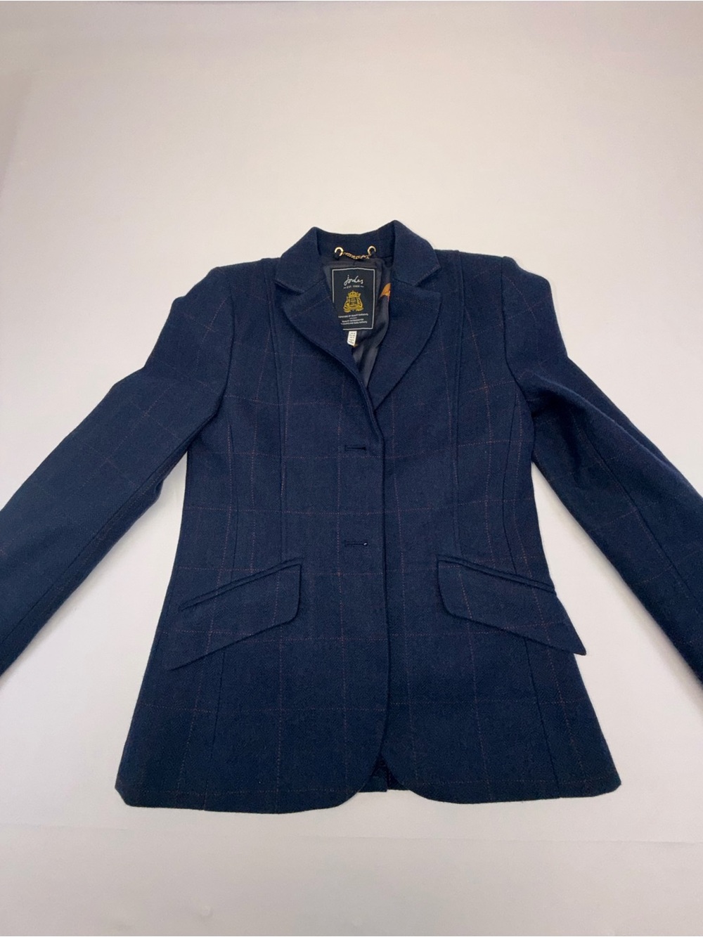 Joules Womens US 4 Wool Blend Navy Plaid Blazer Pheasant Lined Elbow Patch
